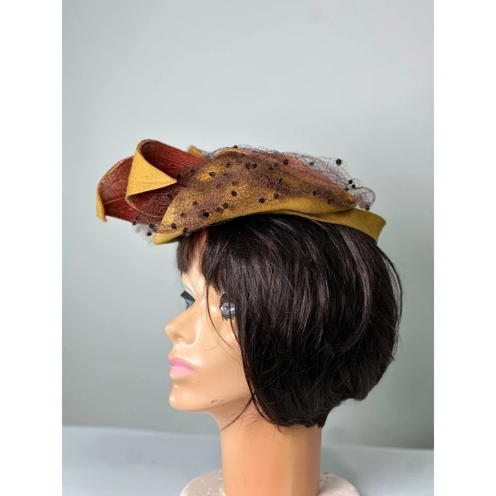 Vintage 1940s Tilt Hat Mustard Yellow Felt Brown Velvet Leaves Eagle Handcraft